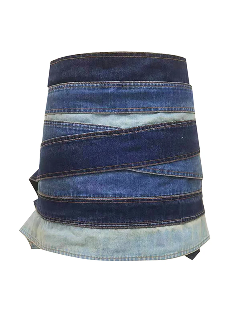DEAT Women\'s Denim Skirt Low Waist Irregular Multiple Belts Hollow Out A-line Cool Mini Skirts 2024 Spring New Fashion 7AB767