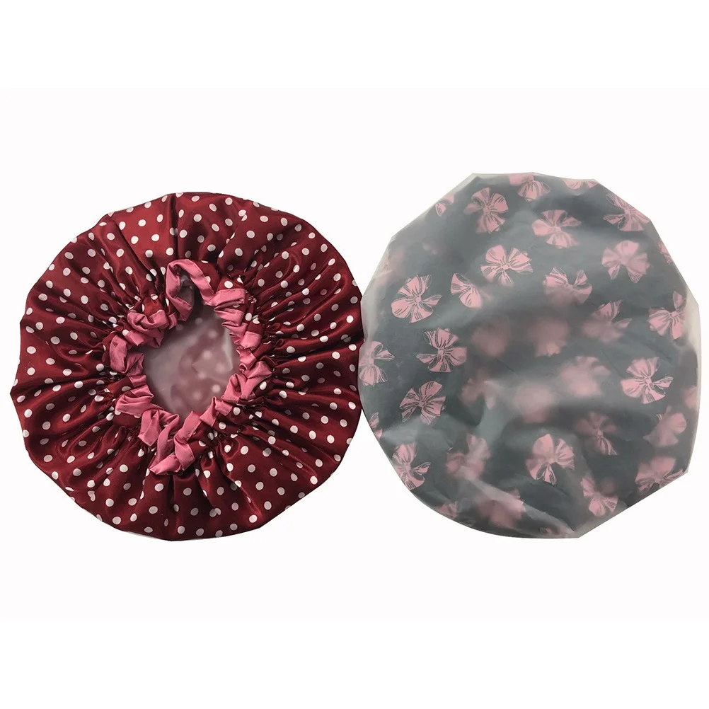

2pcs Shower Double Layer Printing Waterproof Washable Hair Caps Bath for Women Girls (Bowknot + Dot)
