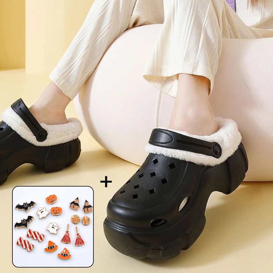 AYANA Women Fur Clogs With Fur Slippers Fashion Fuzzy Garden Shoes Outdoor Waterproof House Shoes Winter Antiskid Work Shoes