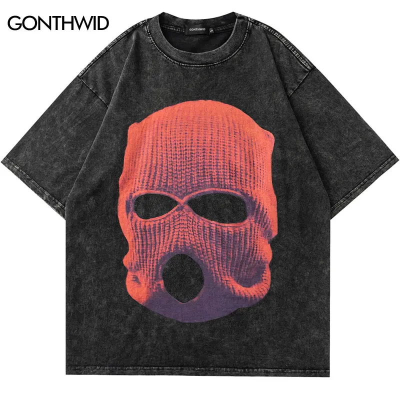 Hip Hop T-Shirt Streetwear Vintage Balaclava Graphic Print Washed Tshirt Men Harajuku Fashion Punk Gothic Tee Shirts Summer Tops