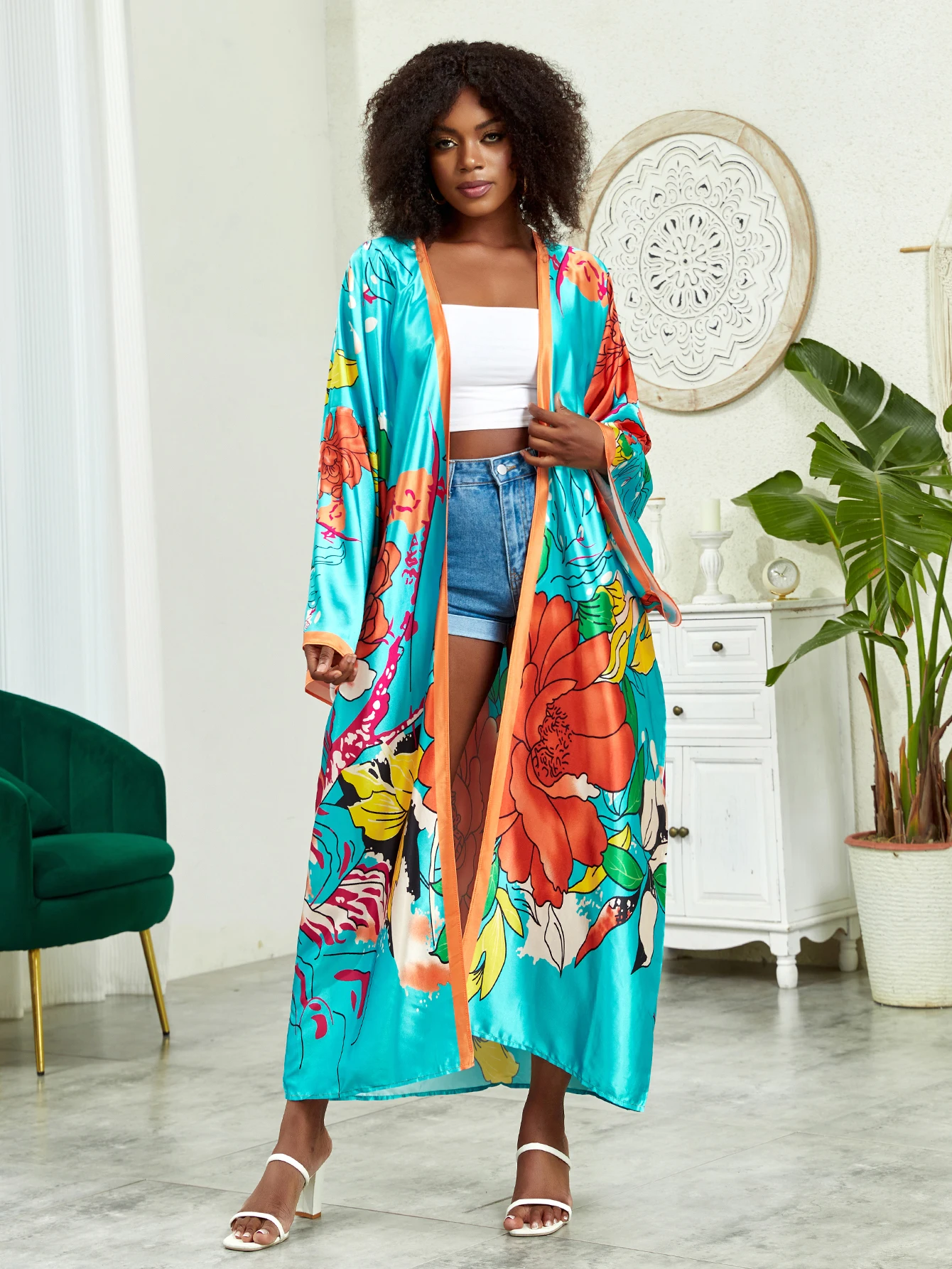 Plus Size Boho Kimono, damskie Plus nadruk lotosu kontrastowe wiązanie z długim rękawem z odkrytym przodem Kimono