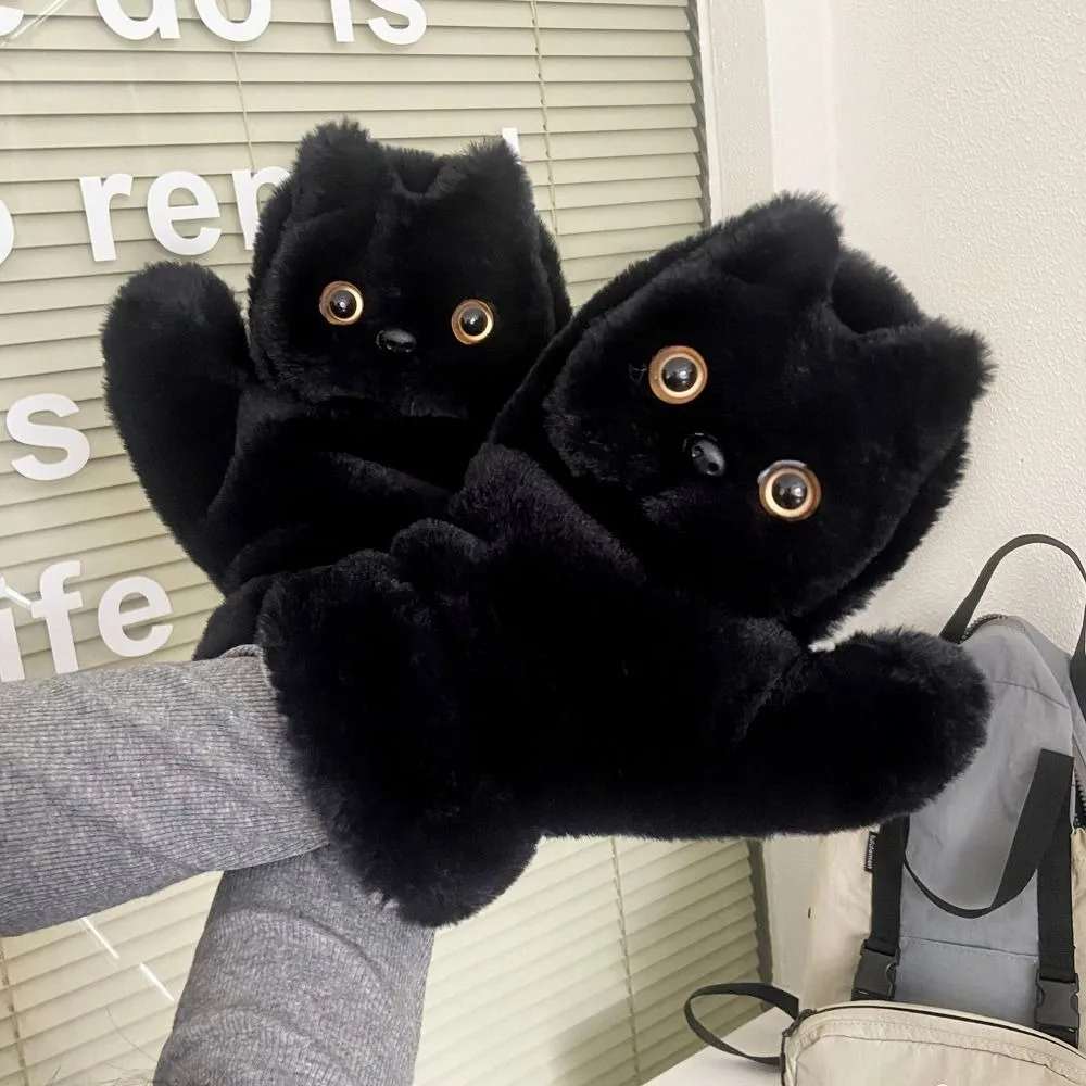 

Soft Cute Black Cat Fur Gloves Cartoon Thicken Kitty Mitten Plush Windproof Cat Halter Gloves Winter