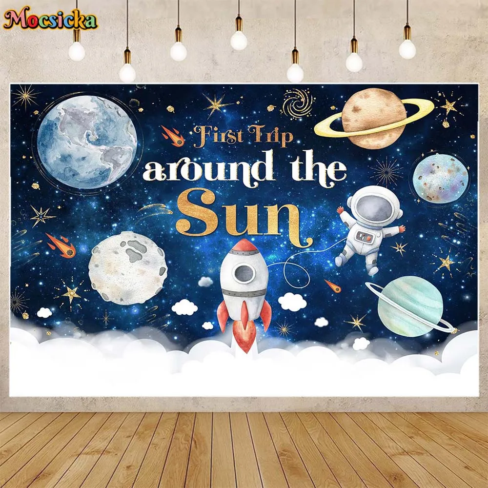 Mocsicka First Trip Around the Sun Background Astronaut Space Baby 1st Birthday Backdrop Party Decor Photo Studio Photocall Prop