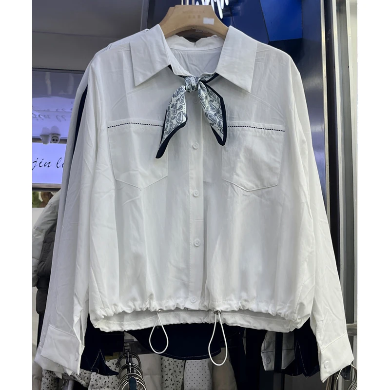 

Ele ort Collared irt для женщин с шарфом и шнурком, осенняя мода, уникальный персональный миниатюрный топ из полиэфирного волокна