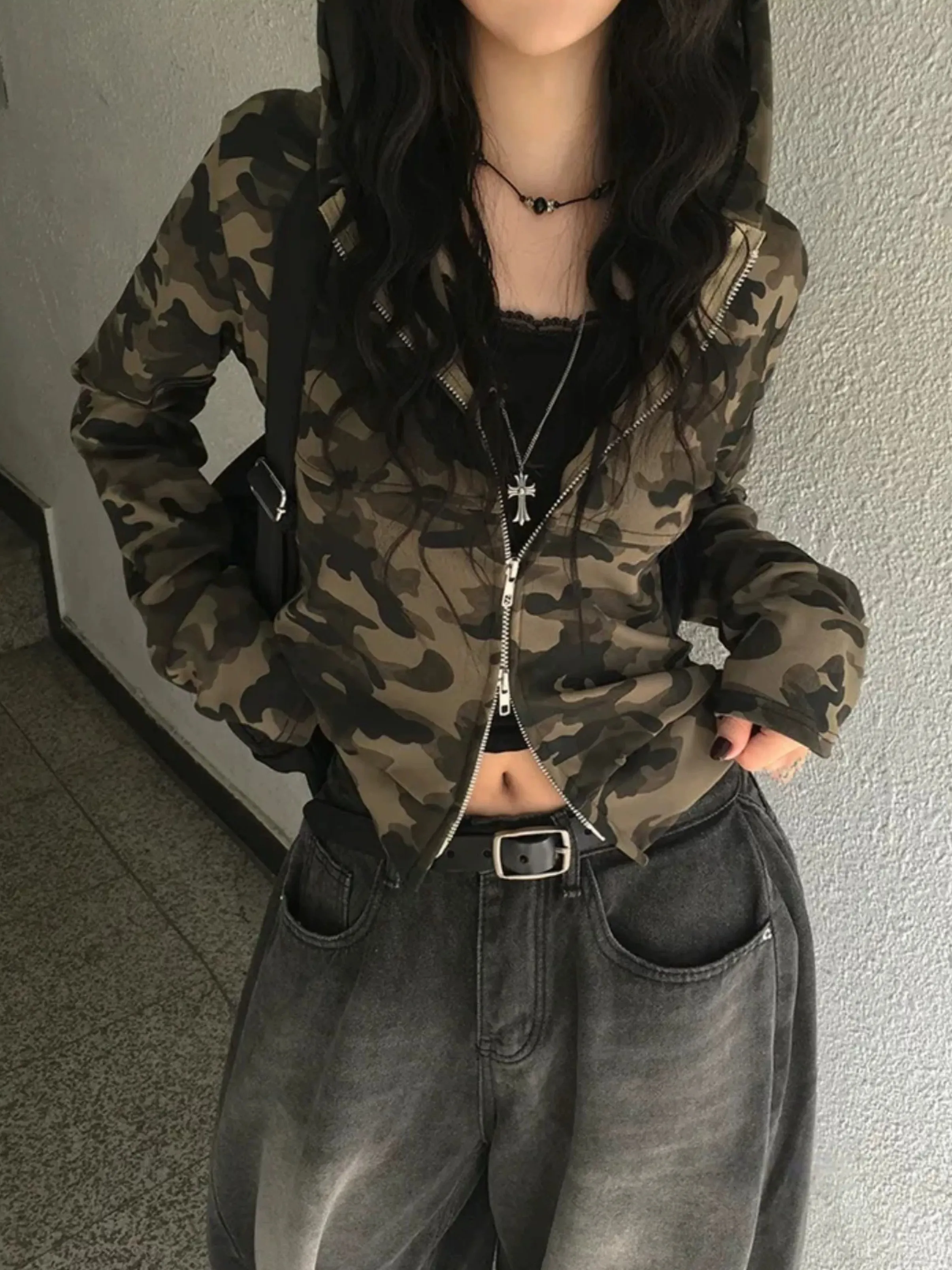 American Style Camouflage Double Zipper Short Jacket Women's Autumn New Hat Long Sleeve Open Cardigan Sweatshirt Slim Fit Top