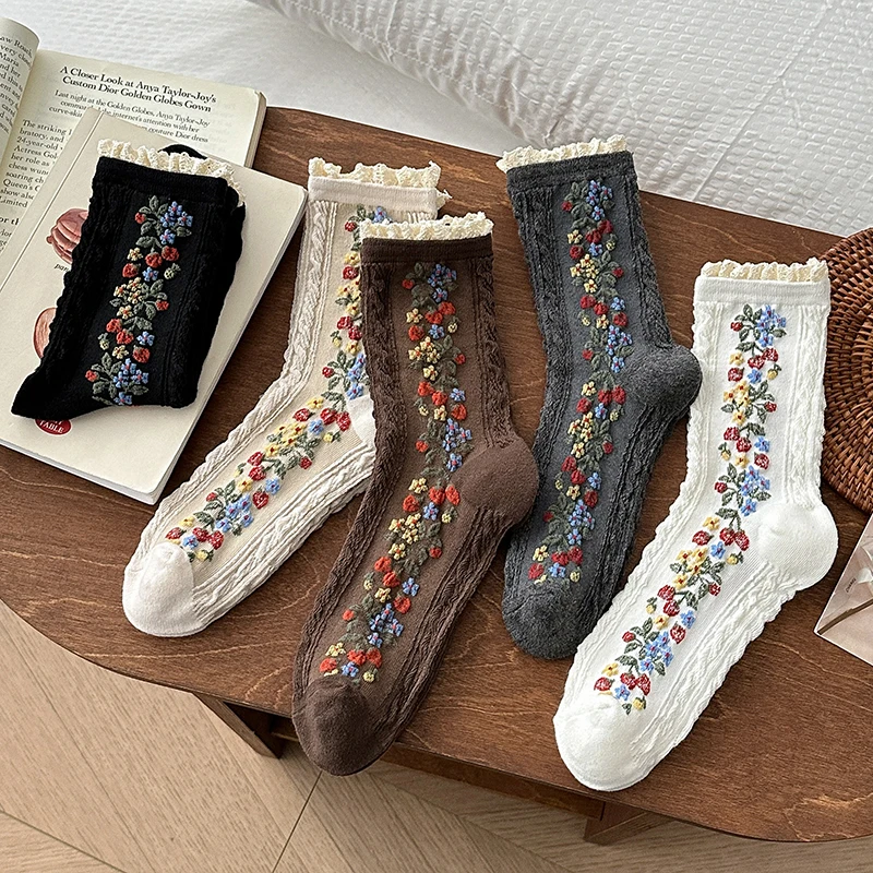 Fashion Women's Socks New Retro Japanese Style Hollow Out Lace Sweet  Long Socks Breathable Girls Flower Socks Casual view 4