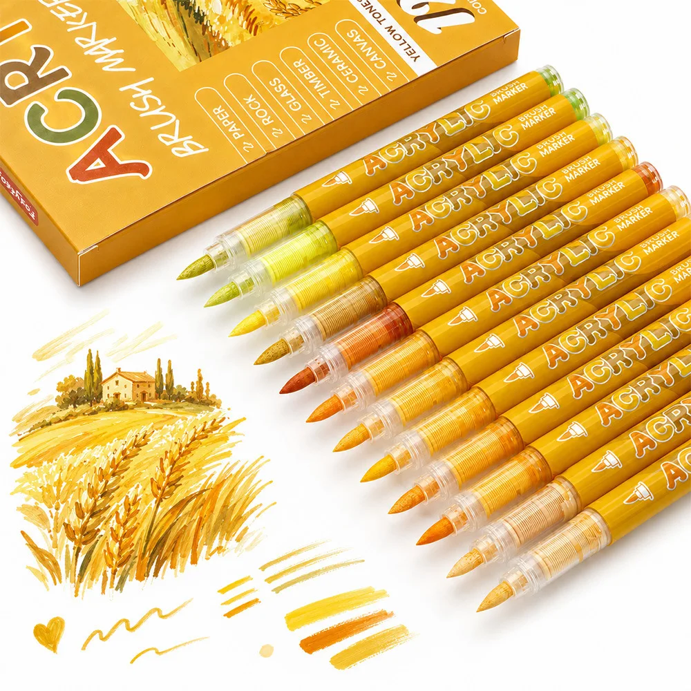 12 Farben Acryl-Marker-Set Permanente Marker mit Pinselspitze Acryl-Malmarker für Stein Glas Keramik Leinwand Holz Stoff – Detail 3