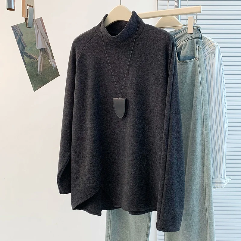 

Осень-зима Thiened f Футболка с высоким воротником в Корейском стиле Sle Urban Commute Long Sve Base irt Универсальный топ с неровным подолом