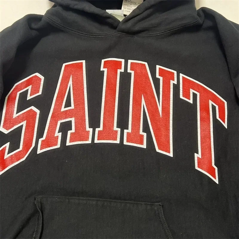 24ss SAINT MICHAEL Black Hoodies Men Women 1:1 Top Quality Cracked Retro Print SAINT LOGO Oversized Sweatshirt