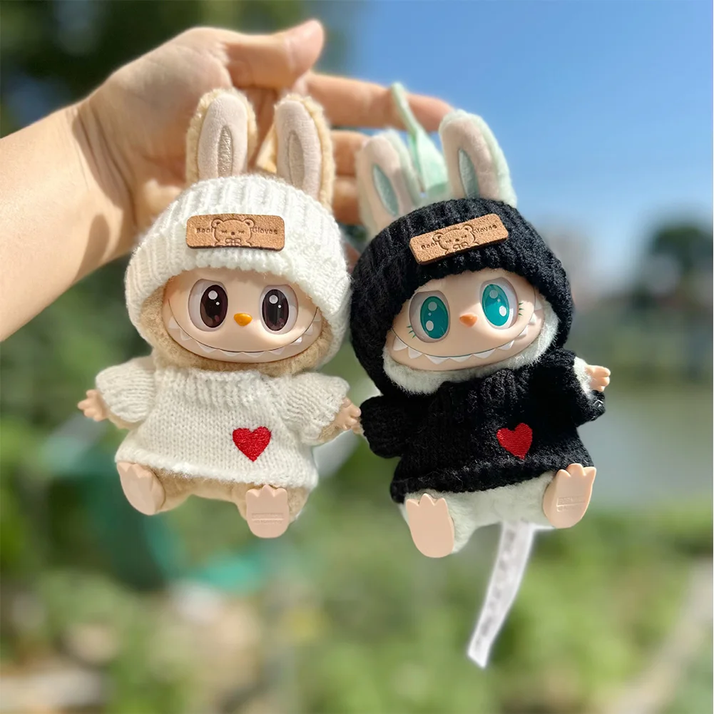 Cute Labubu Bunny Doll Accessories with Knitted Clothes Rabbit Ears Hat Heart Sweater for Toy Collectors Gift for Kids