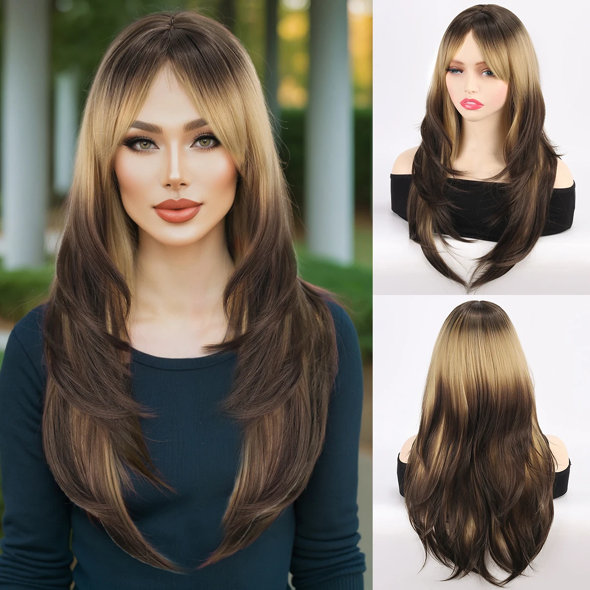 

Medium-length wig, medium-length curly hair, brown gradient, natural and fluffy, synthetic fiber wig