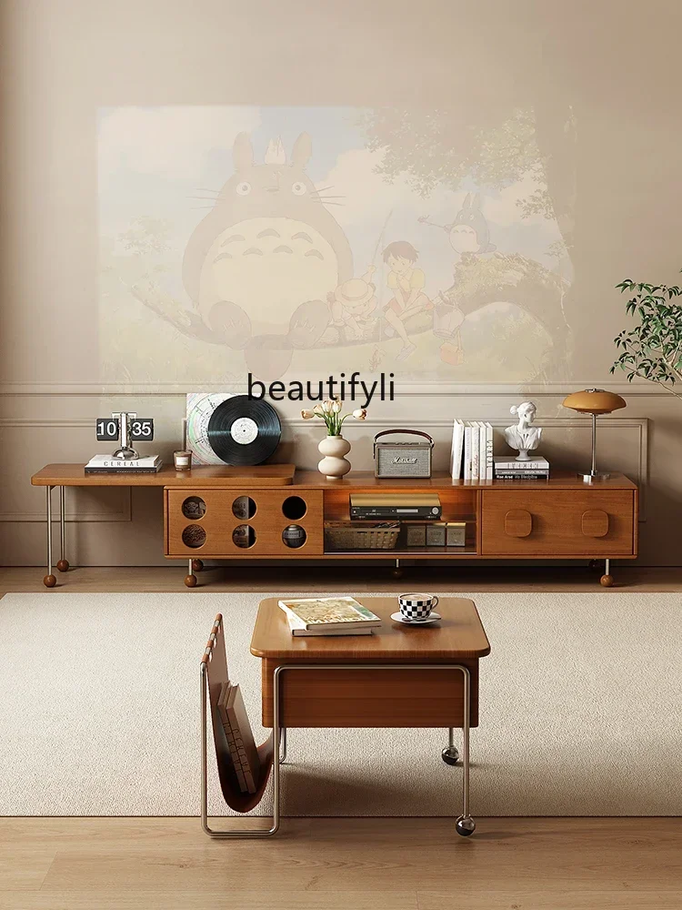 

K185 Mid-Ancient Retractable TV Cabinet Solid Wood Storage Cabinet Combination French Retro Living Room Locker