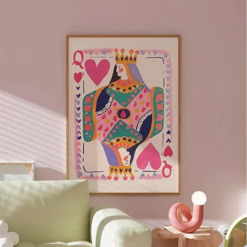 Queen of Hearts Wall Art Print Colorful Playing Card Poster Maximalist Card Decor Dopamine Queen Illustration Canvas Painting