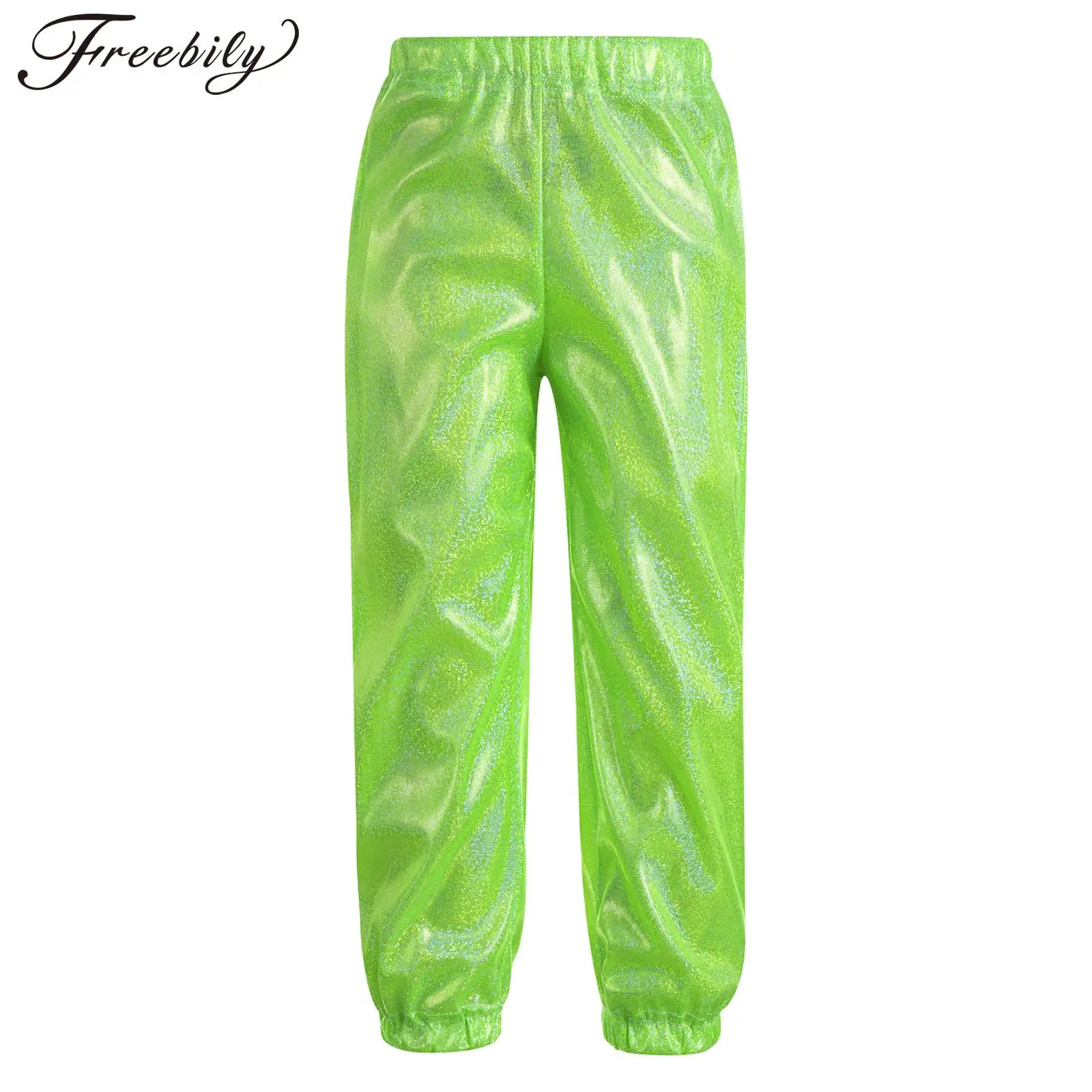 Kids Boys Girls Jazz Street Dance Pants Hip Hop Costume Shiny Metallic Elastic Waistband Trousers Party Performance Dancewear