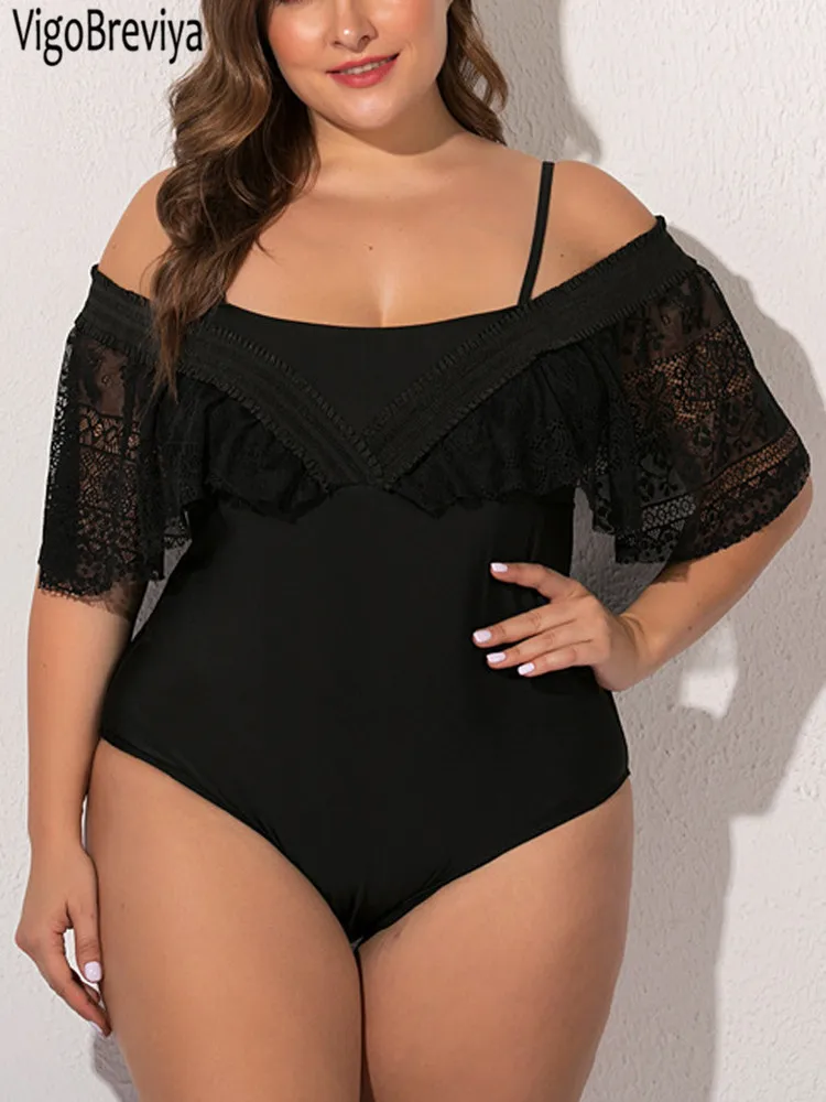 VigoJany 2024 Black Plus Size Swimwear Women Lace Short Sleeve Chubby Curvy One Piece Swimsuit Brazilian Lady Large Bathing Suit