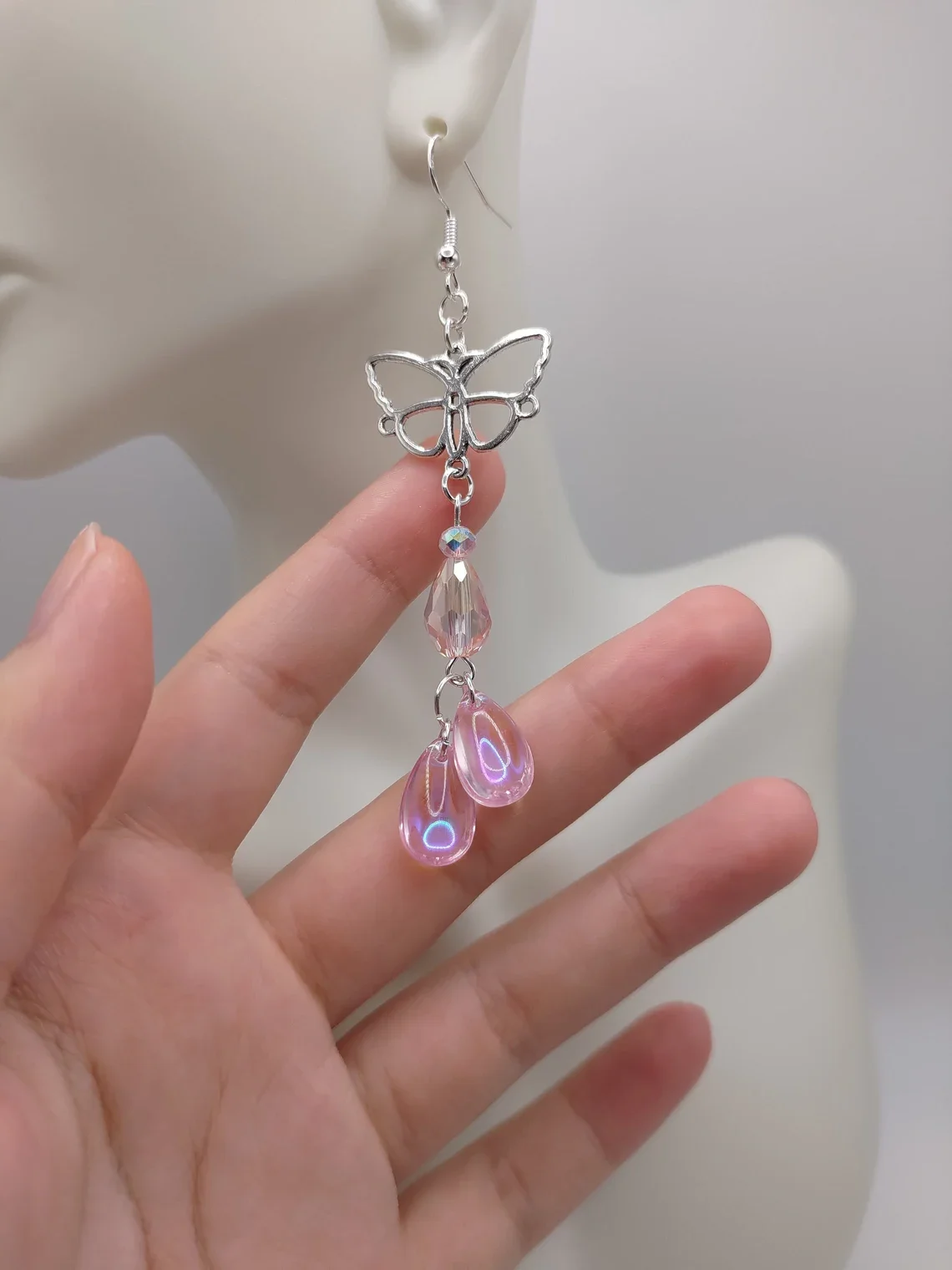 Dreamy fairycore pink teardrop earrings, magical, ethereal, fairy, butterfly, crystal