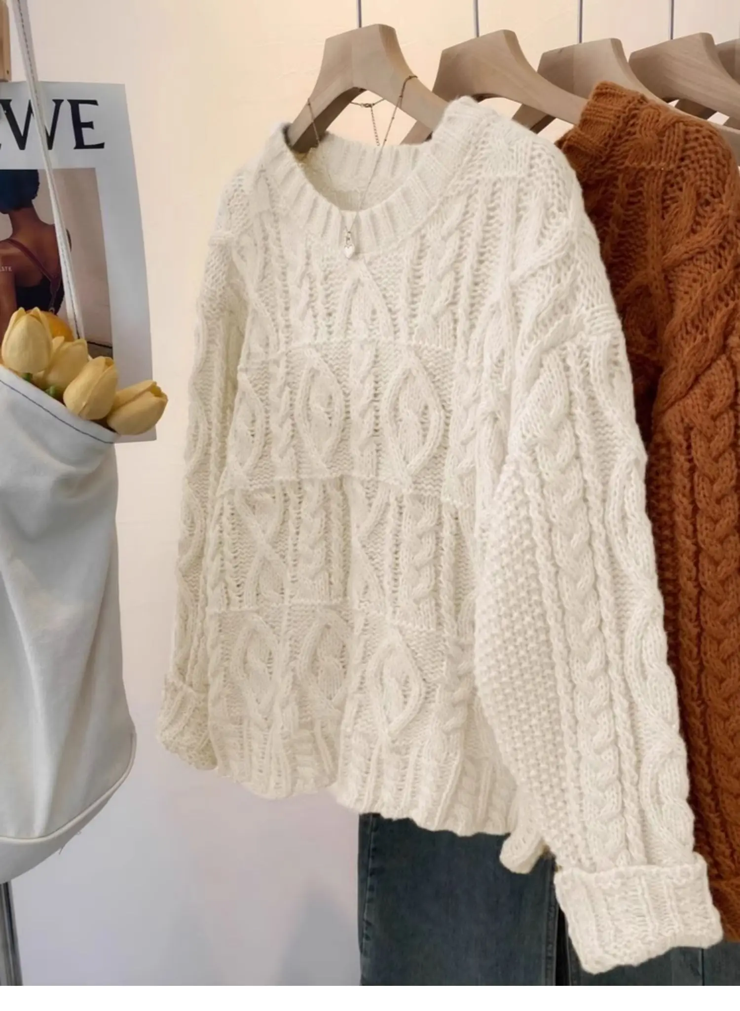 Maglione oversize lavorato a maglia grossa Pullover da donna Maglione girocollo lavorato a trecce allentato Maglione Teen-girl Granpa Style Y2K Outfit