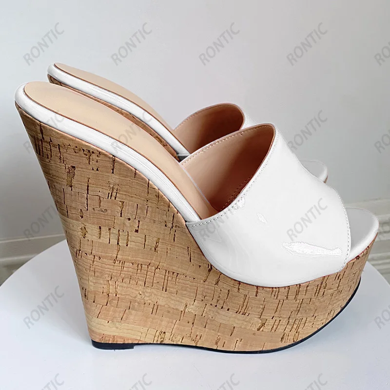 Rontic New Arrival Women Platform Mules Sandals Patent Unisex Wedges Heels Open Toe Gorgeous Fuchsia Party Shoes US Size 5-20