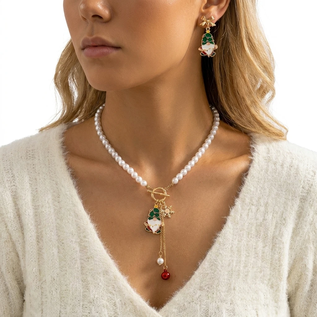 3-teiliges elegantes Perlenimitat-Halsketten- und Ohrring-Set für Weihnachten, Weihnachtsmann, Schneeflocken-Halskette, Neujahrsparty-Schmuck – Detail 3