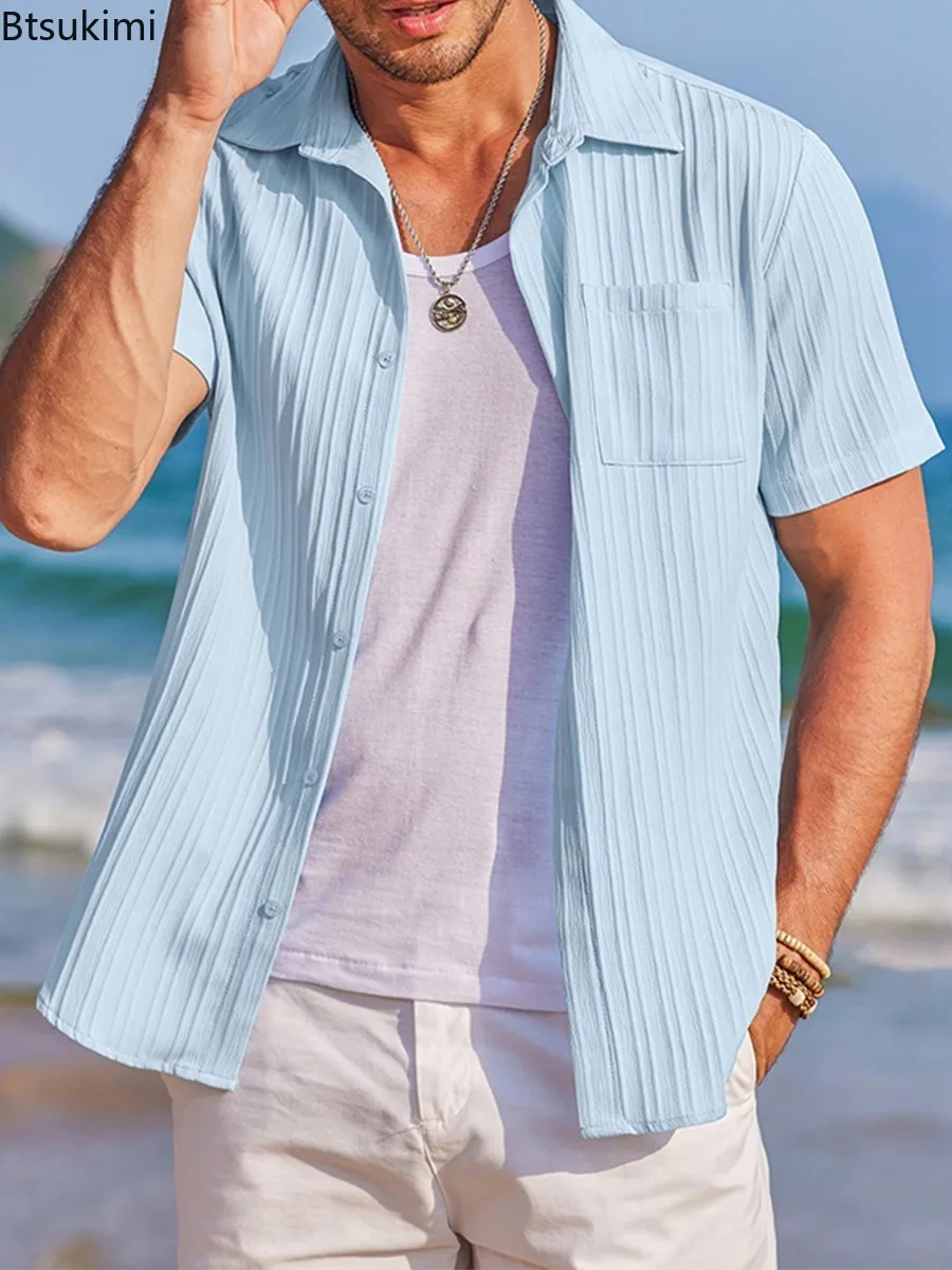 

Fashion New Men's Striped Casual Shirt Summer Short-sleeved Solid Turn-down Collar Pleated Cardigan Tops Men Loose Simple Blouse