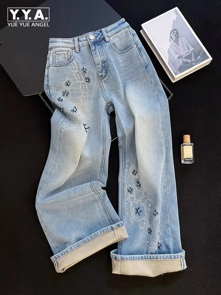 

Winter American Retro Women Jeans Embroidered Flower Beading Denim Pant Thick Straight-leg Pants Full Length Casual Trousers