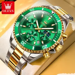 OLEVS Fashion Green Dial Quartz Watch Stainless Steel Top Brand Luxury Sport Waterproof Classic Men Luminous Chronograph Watches