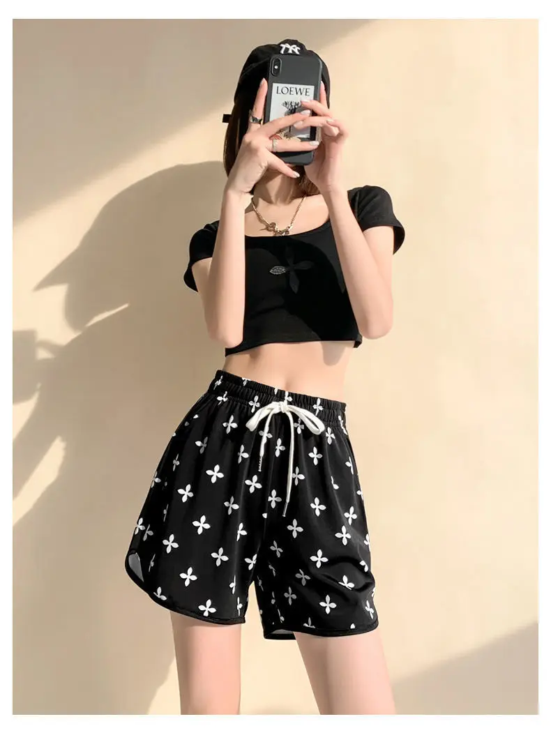 반바지 여성 패치 워크 꽃무늬 리넨 코튼 스위트 파스텔 프릴 귀여운 허리 신축성있는 허리띠 Cottagecore Daily Summer Trend