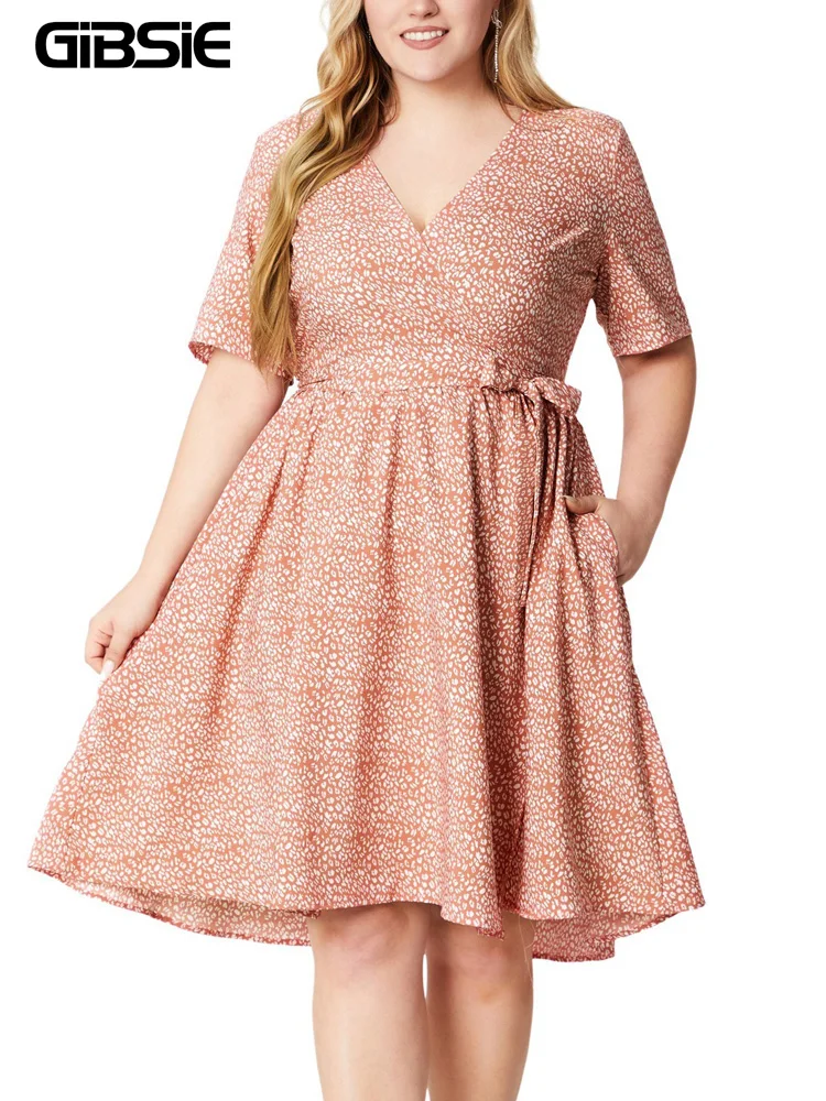 

GIBSIE Plus Size Surplice Neck Belted Print Dress Women 2024 Holiday Summer Short Sleeve Pockets Casual Boho A-Line Dresses