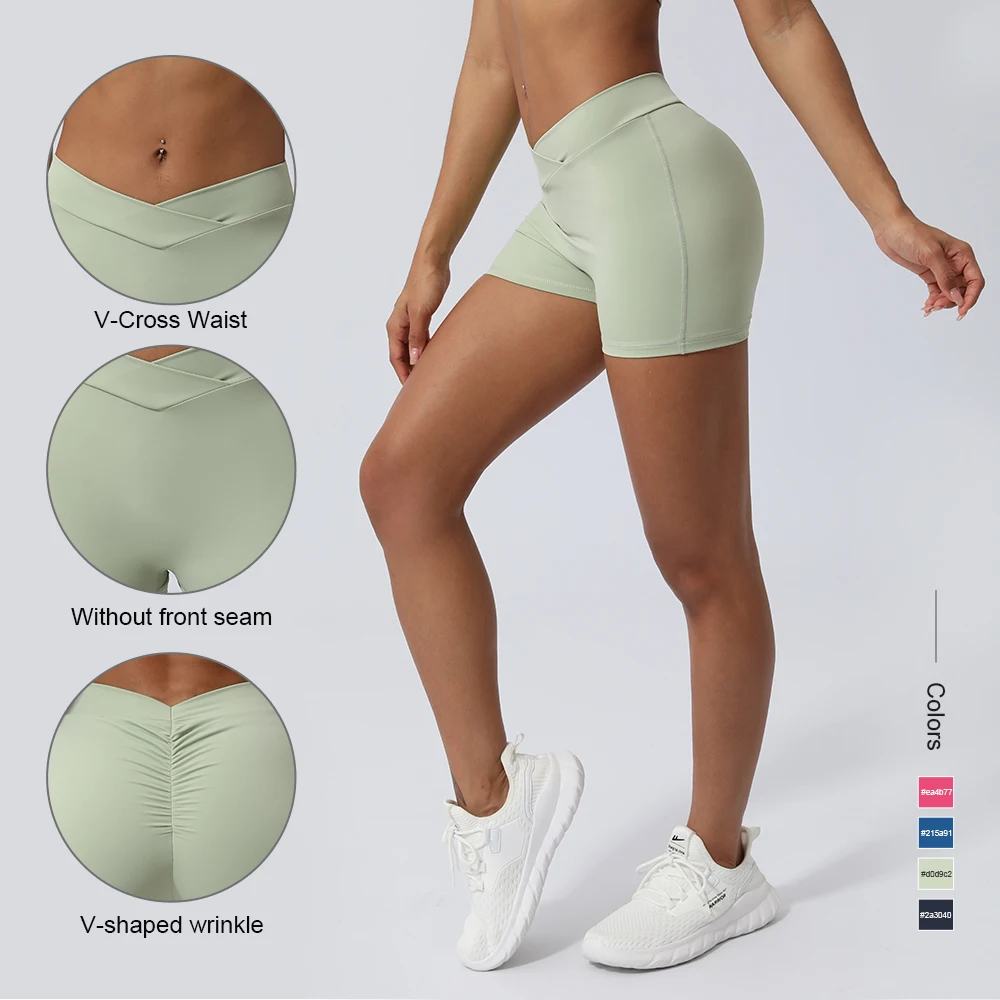 

V-Shaped No Front Seam yoga Shorts High Waist Pleated Hip Lifting Fitness Bottom Wear Training Sport Tight Shorts