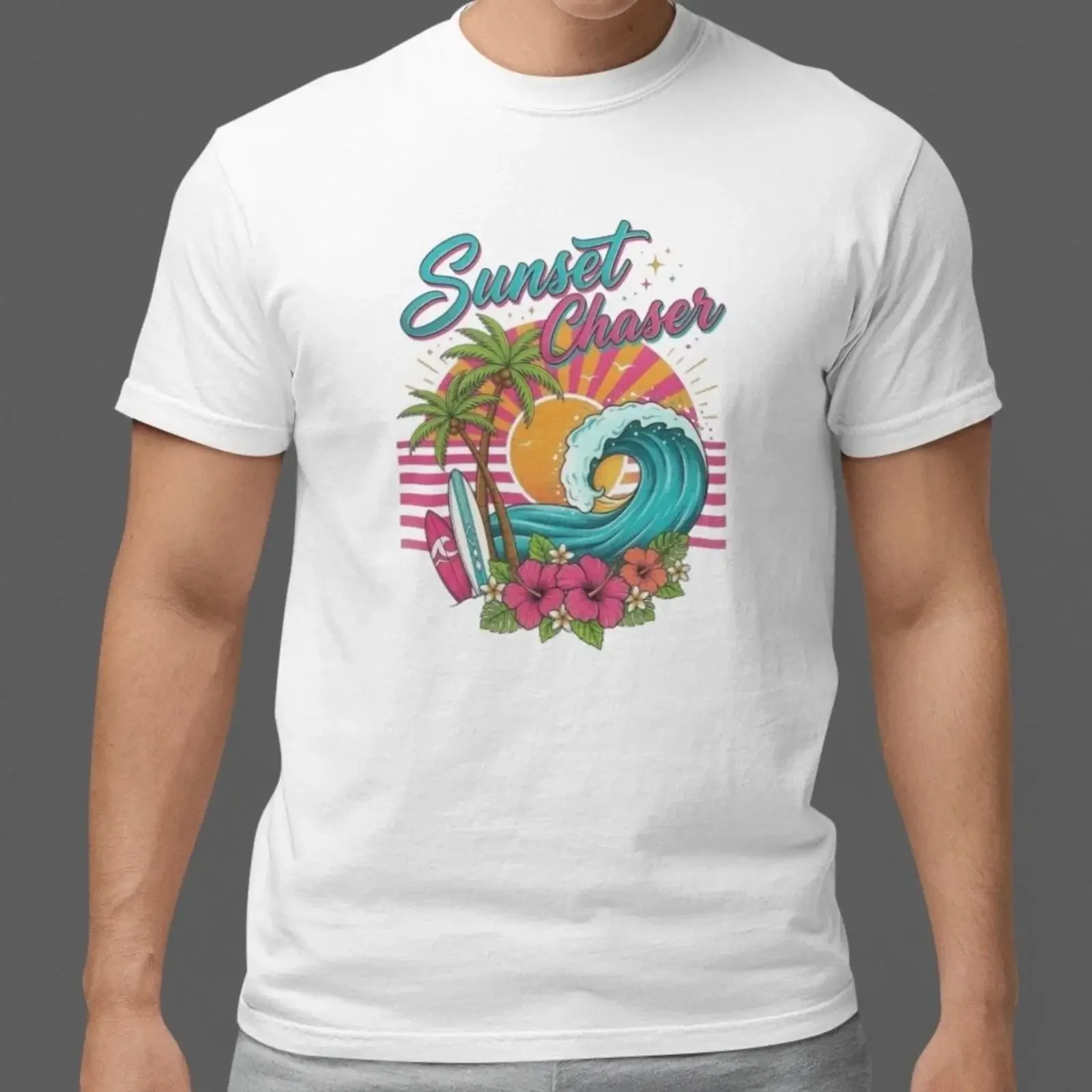Sunset Chaser T Shirt Beach Wave Palm Tree Summer Vacation vintage Washed Versatile graphic fashion Stylish Breathable