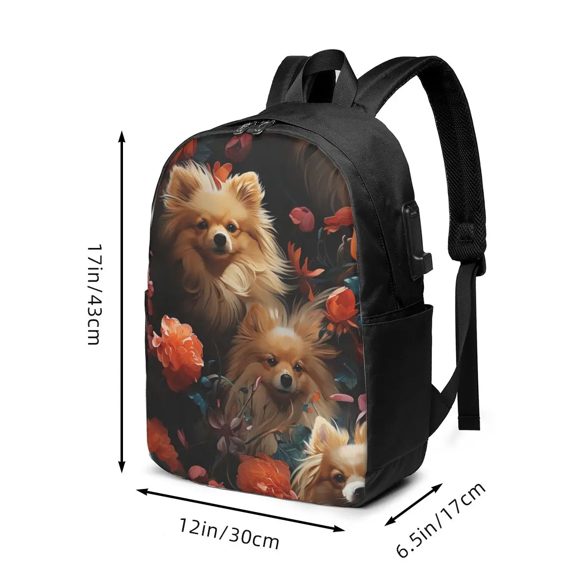 Pomeranians Dog Among Flowers Pattern Backpack Travel Notebook Bag Computer College Student School Bag Laptop Shoulder Bags