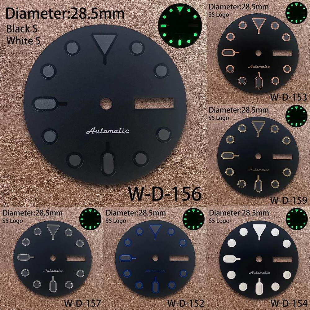 

28.5mm S5 Logo Dial Suitable For NH36/4R36 Janpan Movement Green Luminous Black Matte Watch Dial Watch Modification Accessories