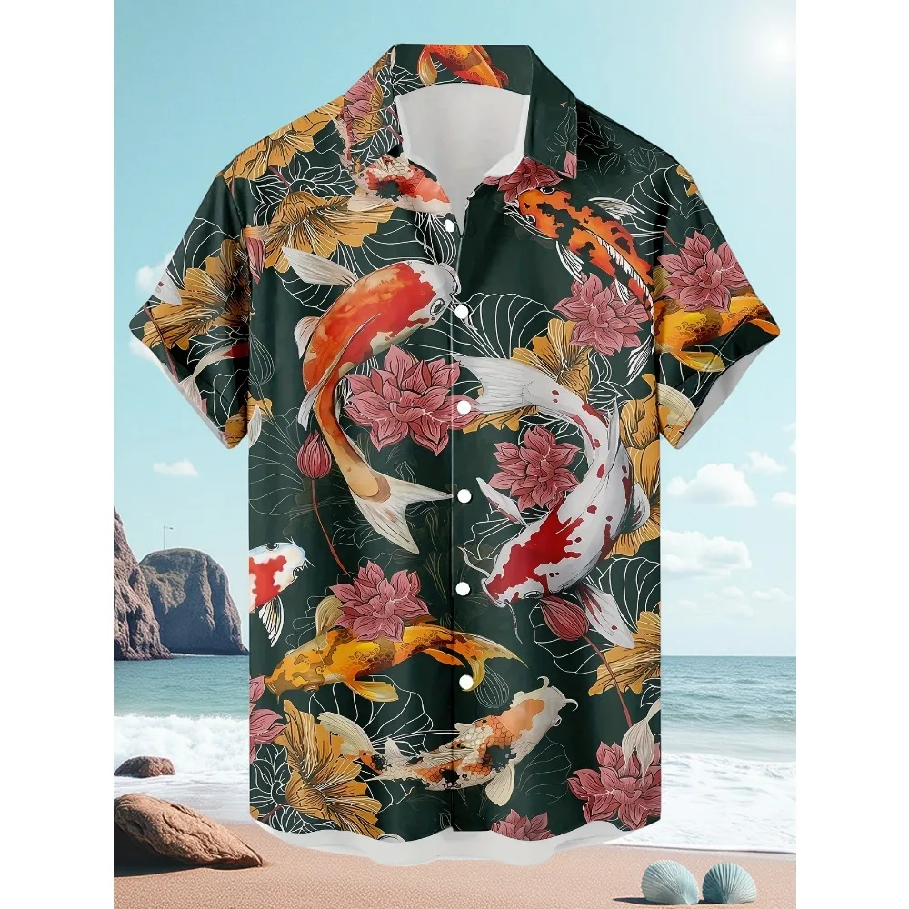 Men Black Hawaiian Shirt Koi Fish Lotus Print Short Sleeve Camp Collar Button Down Summer Beach Casual Blouse