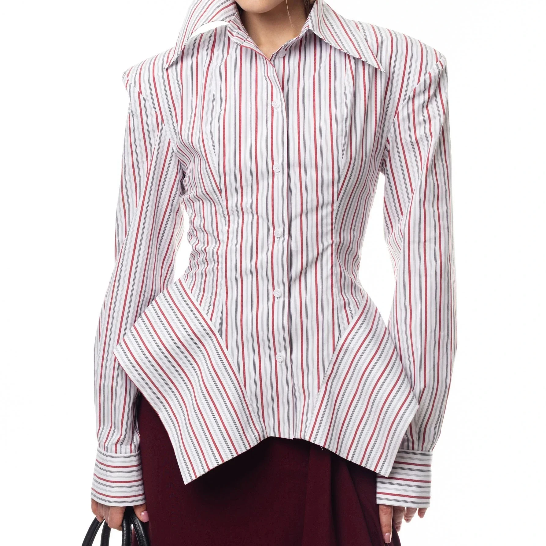 

PUAL Women 2026 Spring Summer Striped Blouse Pointed Collar Long Sleeve Ruched Waist Asymmetrical Hem Elegant Office Shirt