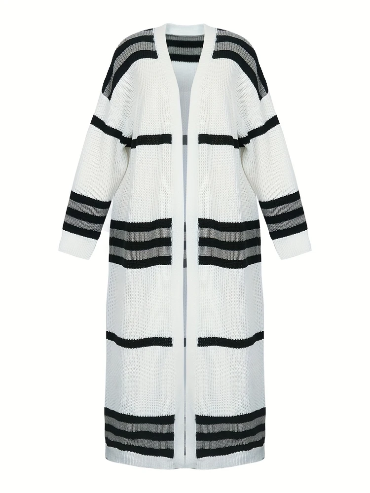 حجم كبير جديد مخطط سترة متماسكة طويلة الأكمام المرأة معطف طويل فضفاض غير رسمي الخريف الشتاء تنوعا الملابس النسائية الدافئة