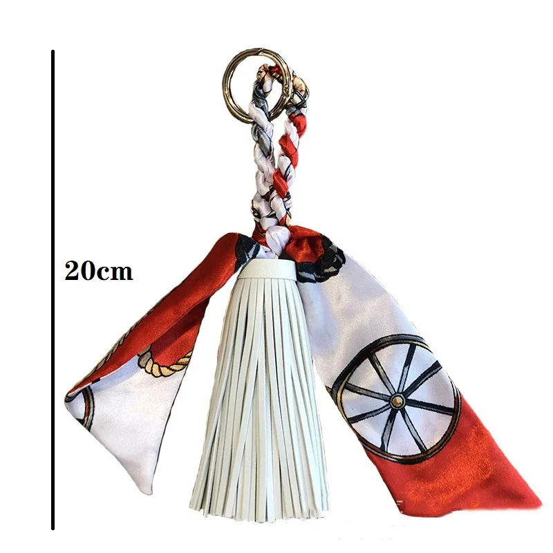 Hand-woven Silk Scarf Car Keychain Accessories Luxury Design PU Tassel Handbag Pendant Fashion Brand Tassels Key Chain for Women