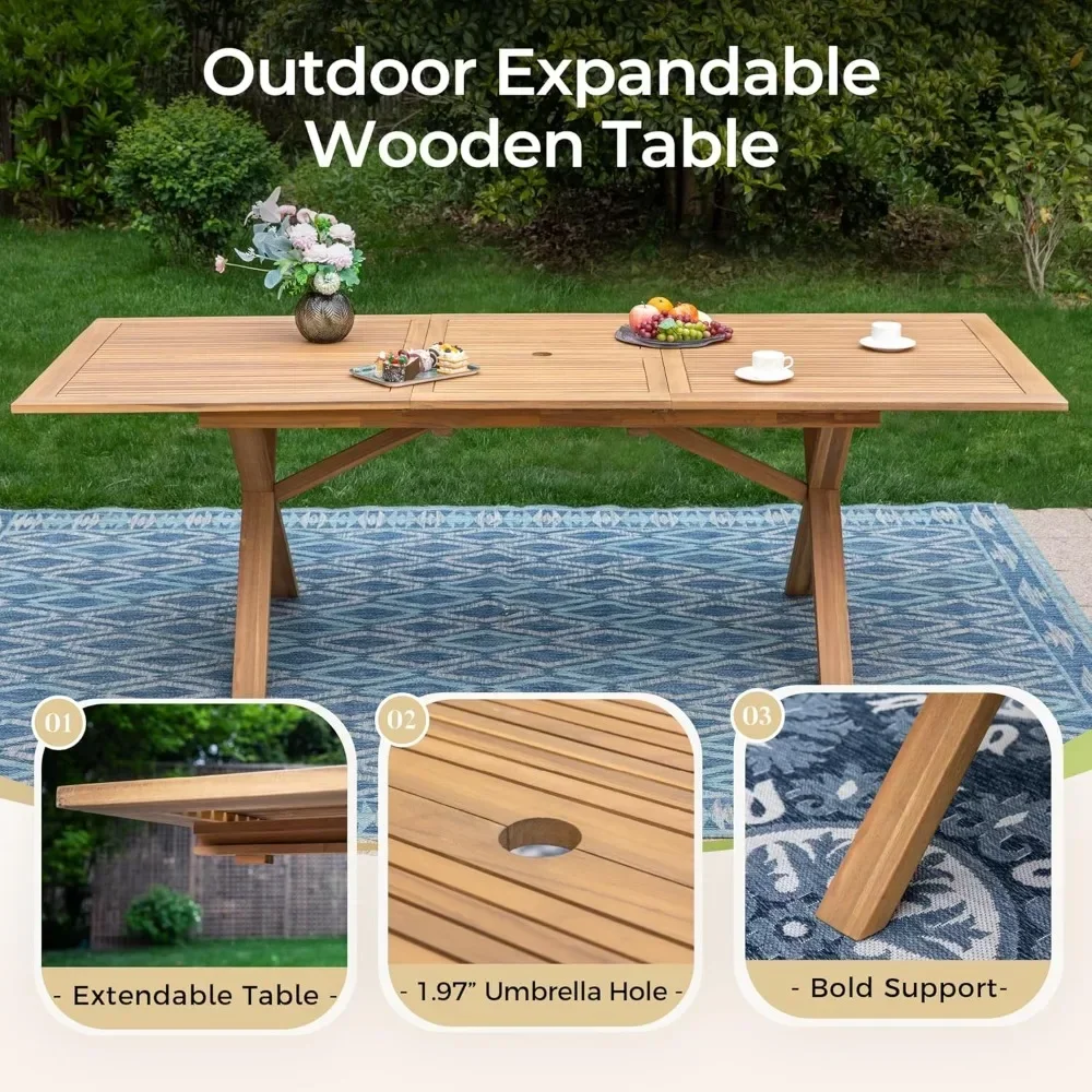 Juego de comedor para exterior de madera de acacia, mesa de comedor expandible (agujero para sombrilla de 1,97" y 6 sillas de madera, juego de mesa de comedor para patio de 7 piezas