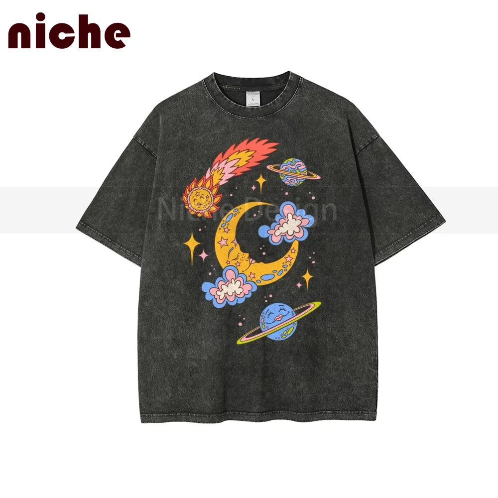

Женская футболка с принтом «Романтическая планета и луны», подарок для любителей астрономов, вечерние футболки, одежда из хлопка высокого качества, повседневная одежда на заказ