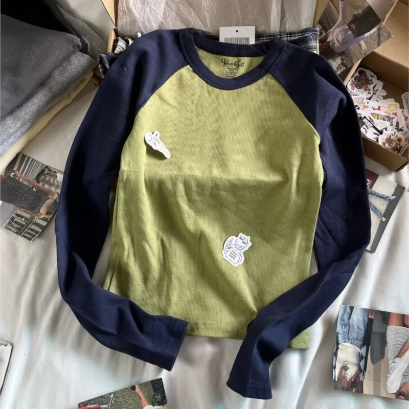 Retro Patchwork Ribbed T-shirt Women Autumn Casual O-Neck Cotton Long Sleeve Tee Shirt Vintage Streetwear Chic T Shirt Y2K Tops