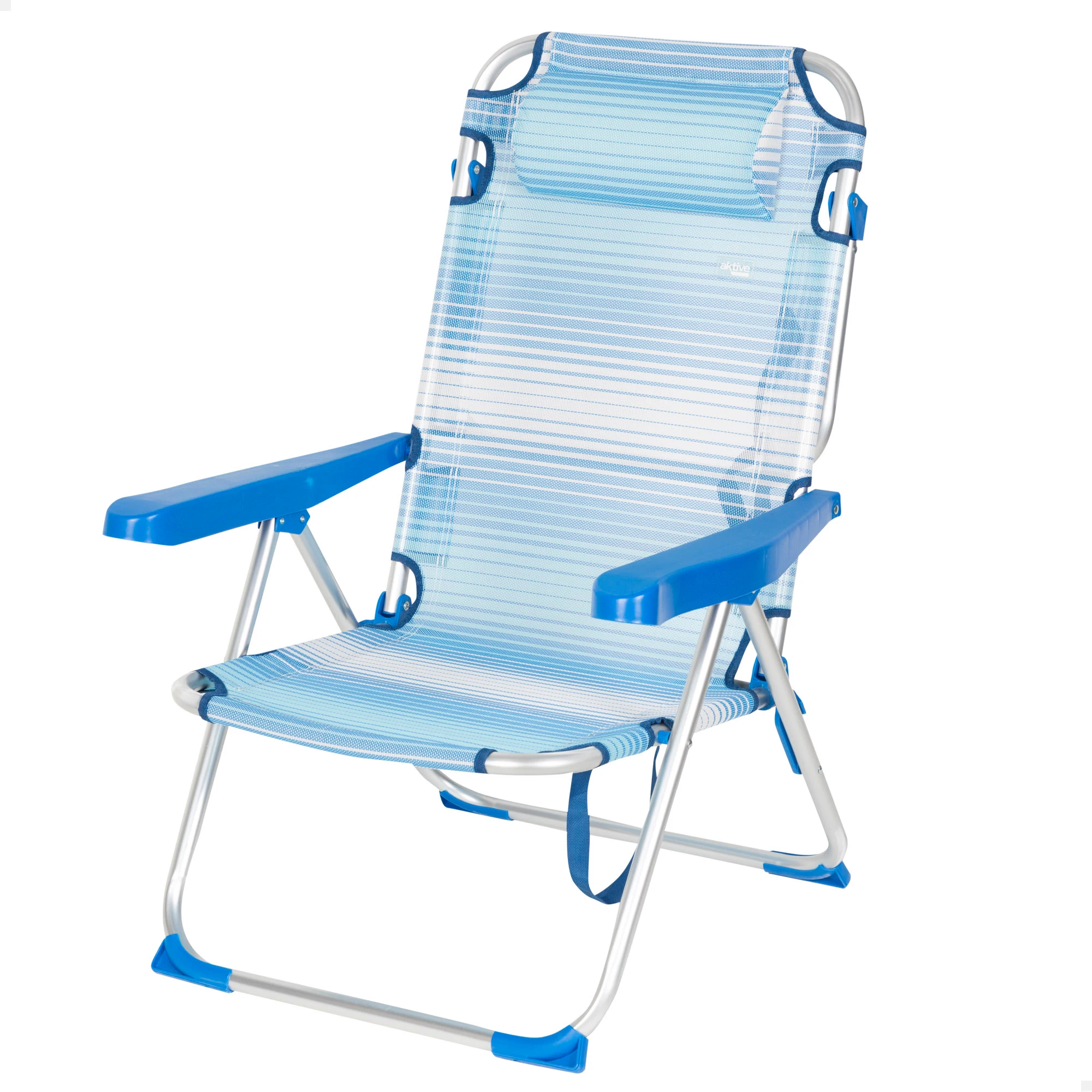 AKTIVE folding beach chair, blue striped, 48x60x90 cm, 5 positions, padded cushion, shoulder handle, with armrest, max weight 110 kg, beach chairs, low beach chairs, reclining beach chair