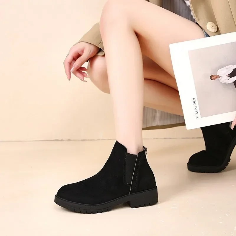 Female Shoes on Sale 2024 New Zipper Women's Boots Autumn Round Toe Suede Solid Short Barrel Low Heels Large Size Naked Boots