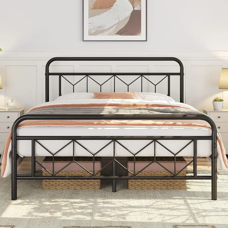 

Metal Platform Bed Frame Mattress Foundation with Diamond Pattern Headboard/Footboard/Heavy Duty Steel Slat Support