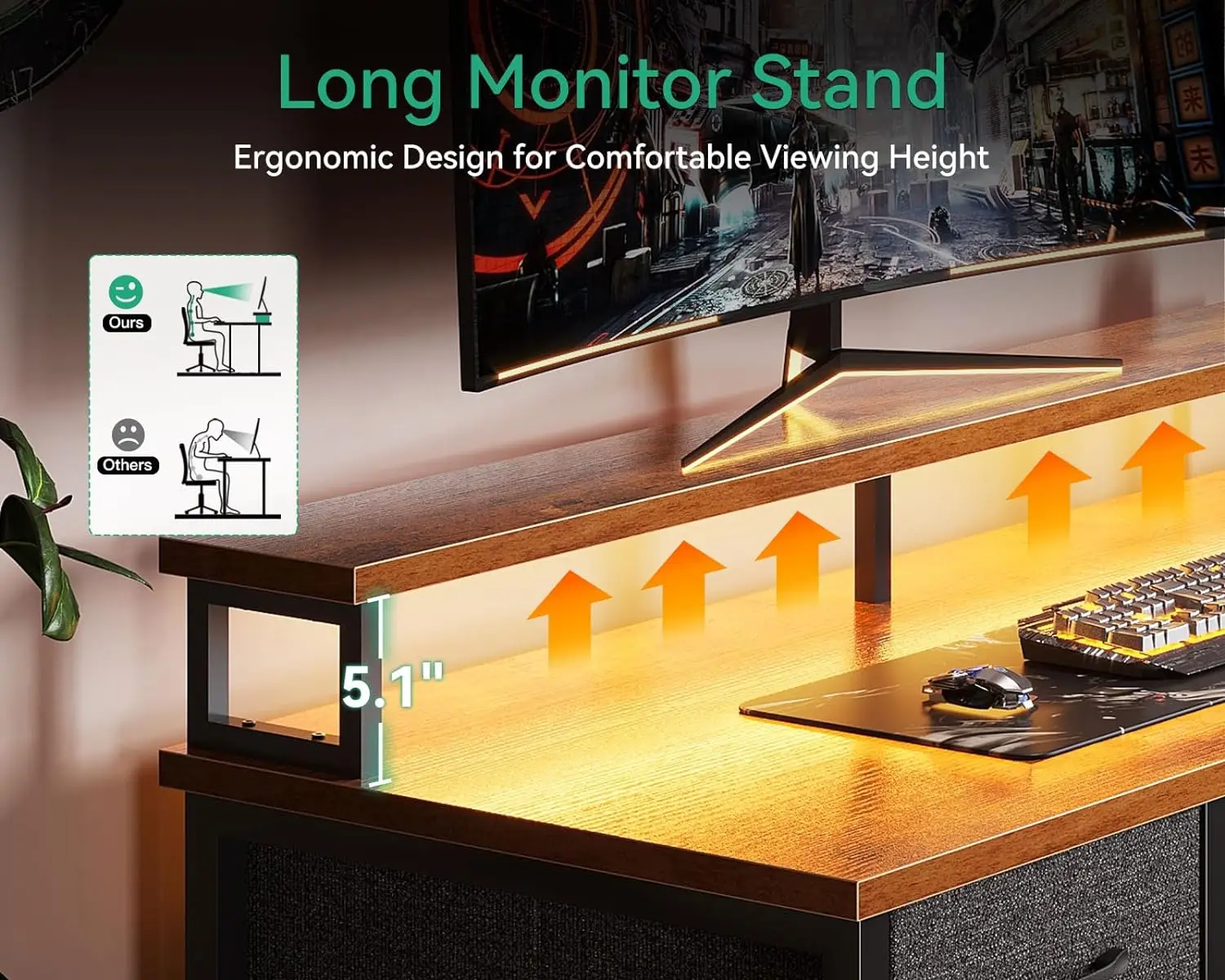 66" L Shaped Computer Desk, Reversible Home Office Desk With File Cabinet & 4 Drawers, Corner Gaming Desk With LED Lights &