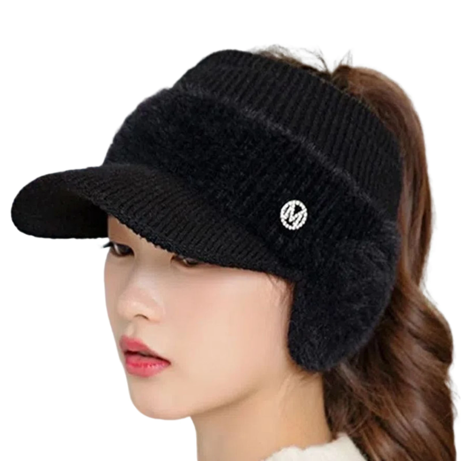 Knit Baseball Cap with Earmuff Soft Touch Fabric Windproof Plush Hat for Outdoor Sports Riding