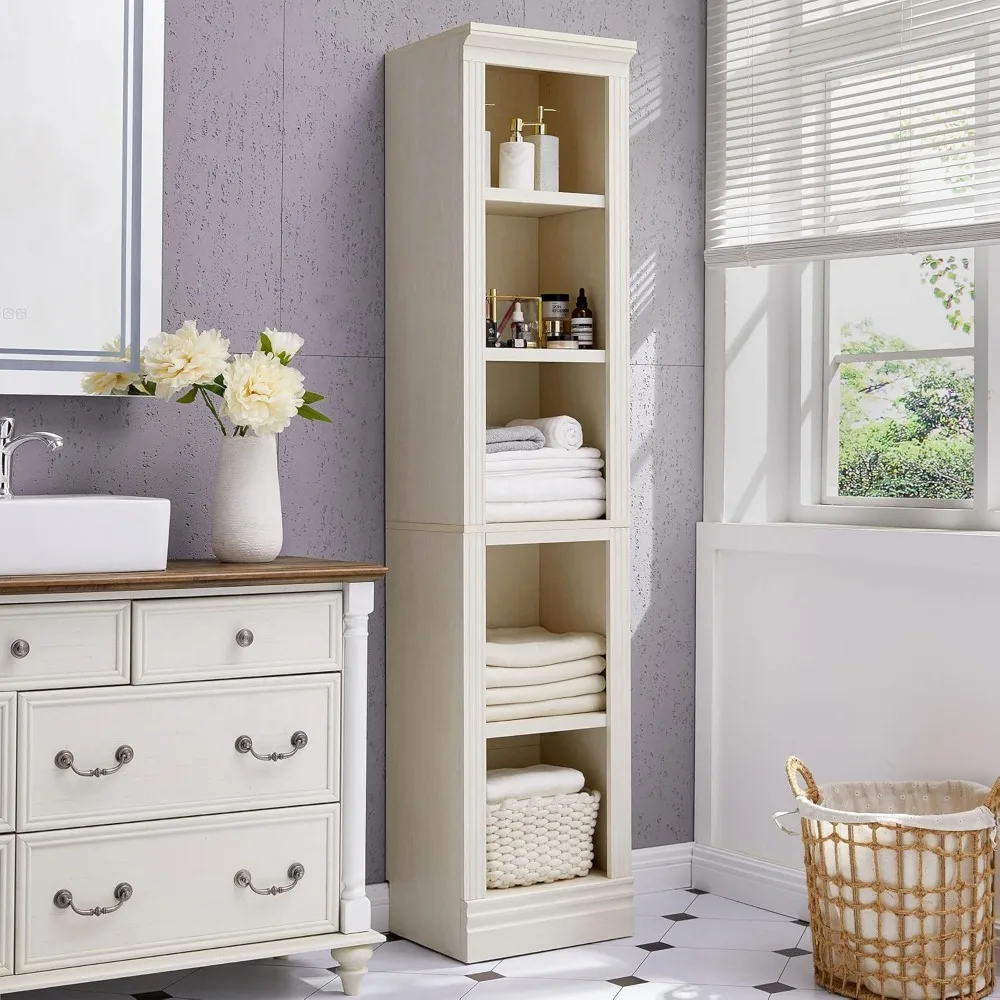 

Narrow Bookshelf with Adjustable Storage and Open Display Shelves, 15.75 X 13.78 X 72.8 Inches, Cream Color