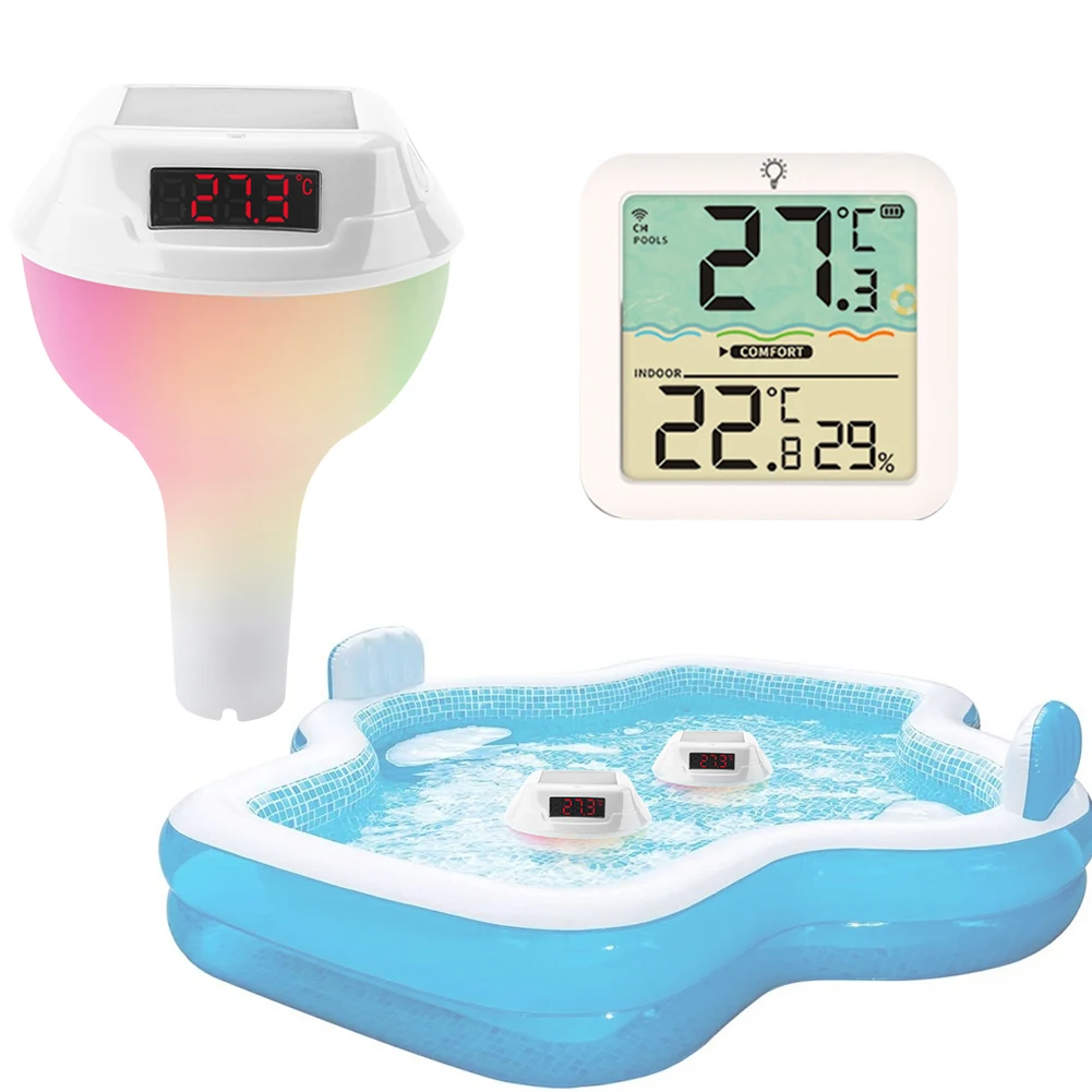 

Solar Digital Pool Thermometer LED Display Water Temperature Meter with Timing RGB Light Floating Pool Thermometer Pool Supplies