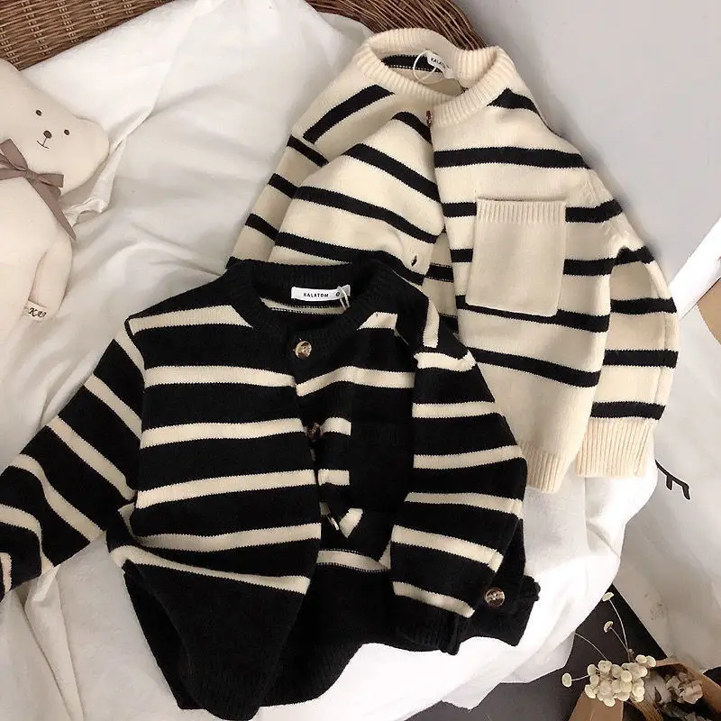 Korean children's clothing, children's soft and sticky striped sweaters, cardigans for boys and girls, spring and autumn styles,