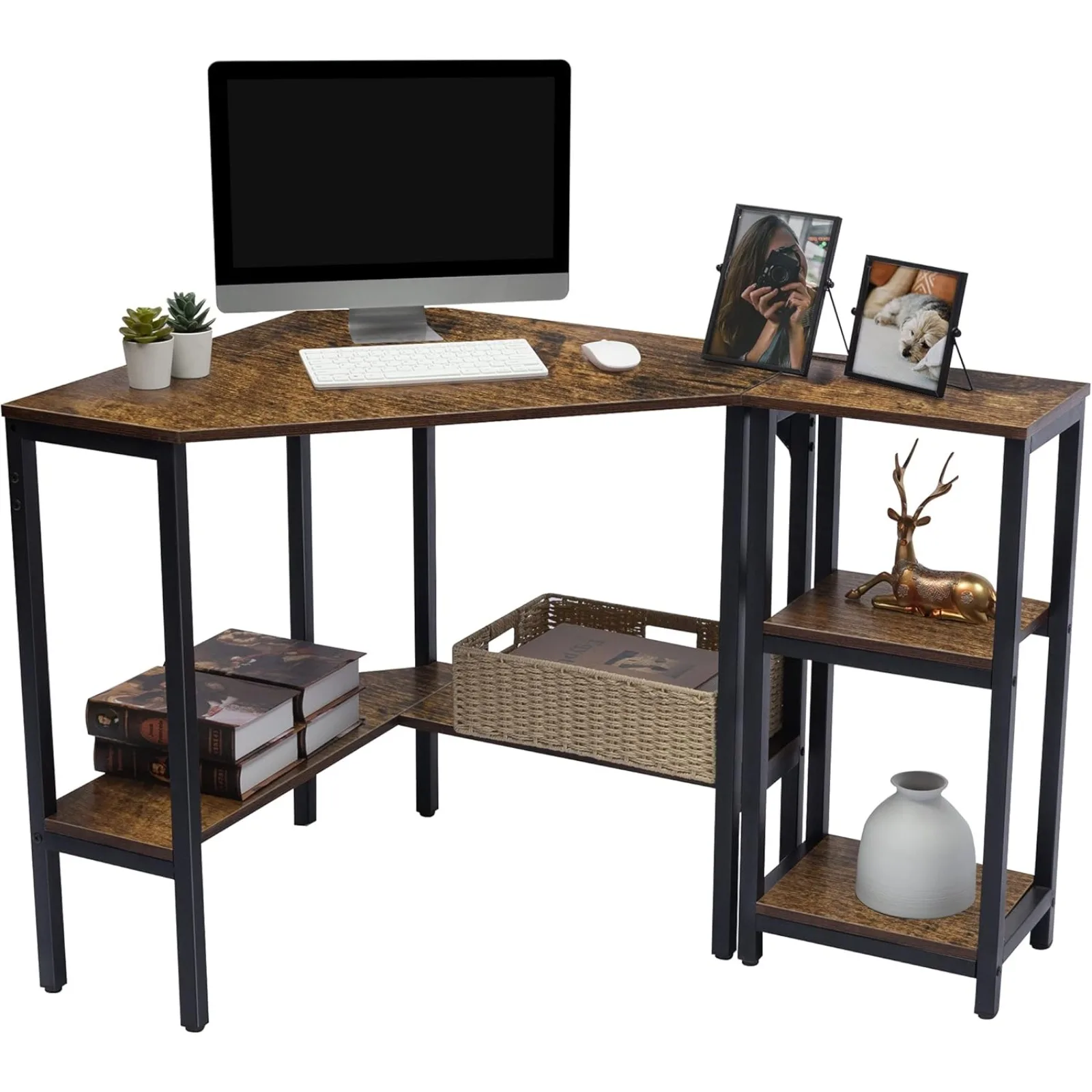 

US Corner Desk, Triangle Computer Desk with Storage Shelves, Laptop PC Table Writing Study Table Workstation for Home & Office