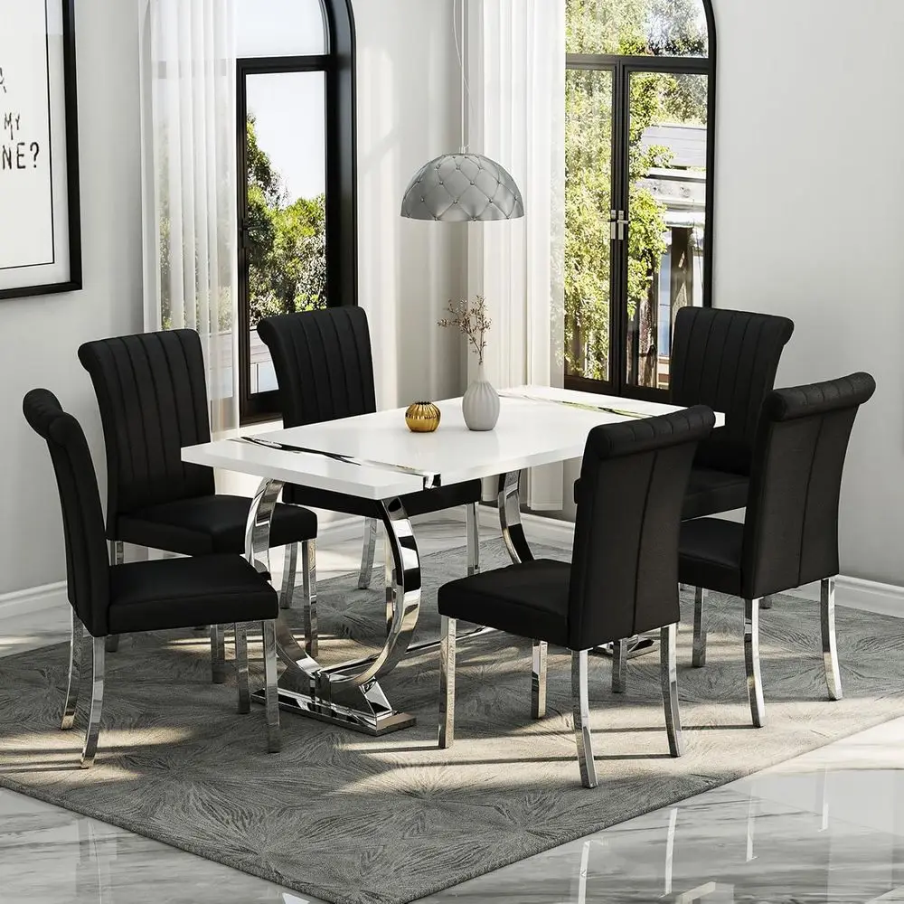 

Black and Silver Dining Chairs Set o 2, ern aux Leather Upholstered Dining Room Chairs with High Back and Metal Chrome Legs or K