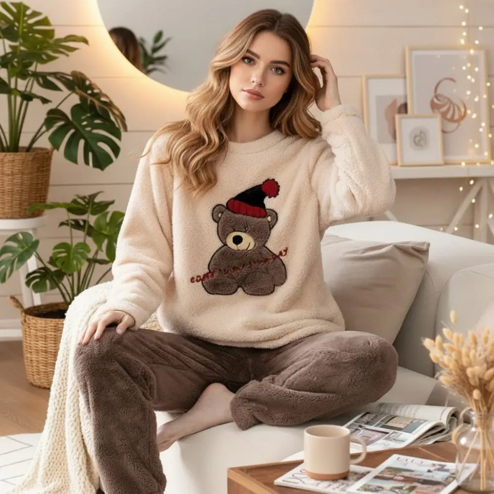 2pcs/Set Coral Fleece Women's Pajamas Set Warm Cartoon Bear Home Clothes Set Large Size Thickened Round Neck Pajamas Set